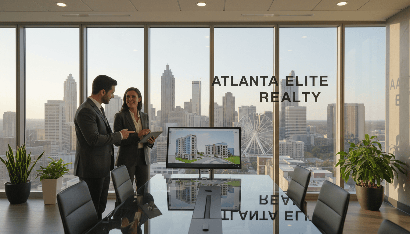Professional real estate agents collaborating in a modern office with natural light and city views
