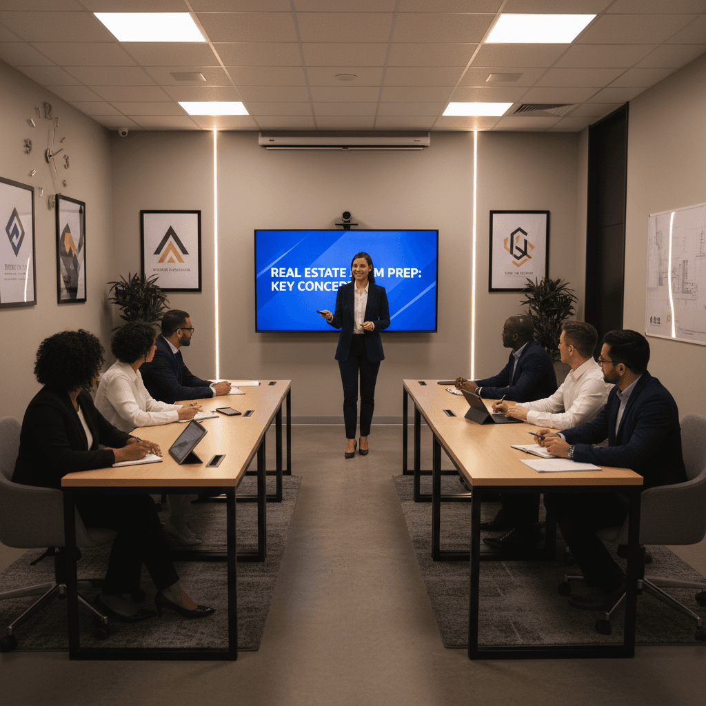 Evening real estate classroom with diverse students and instructor presenting exam prep content.