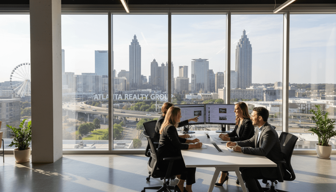 Real estate professionals working in modern Atlanta office with city skyline background