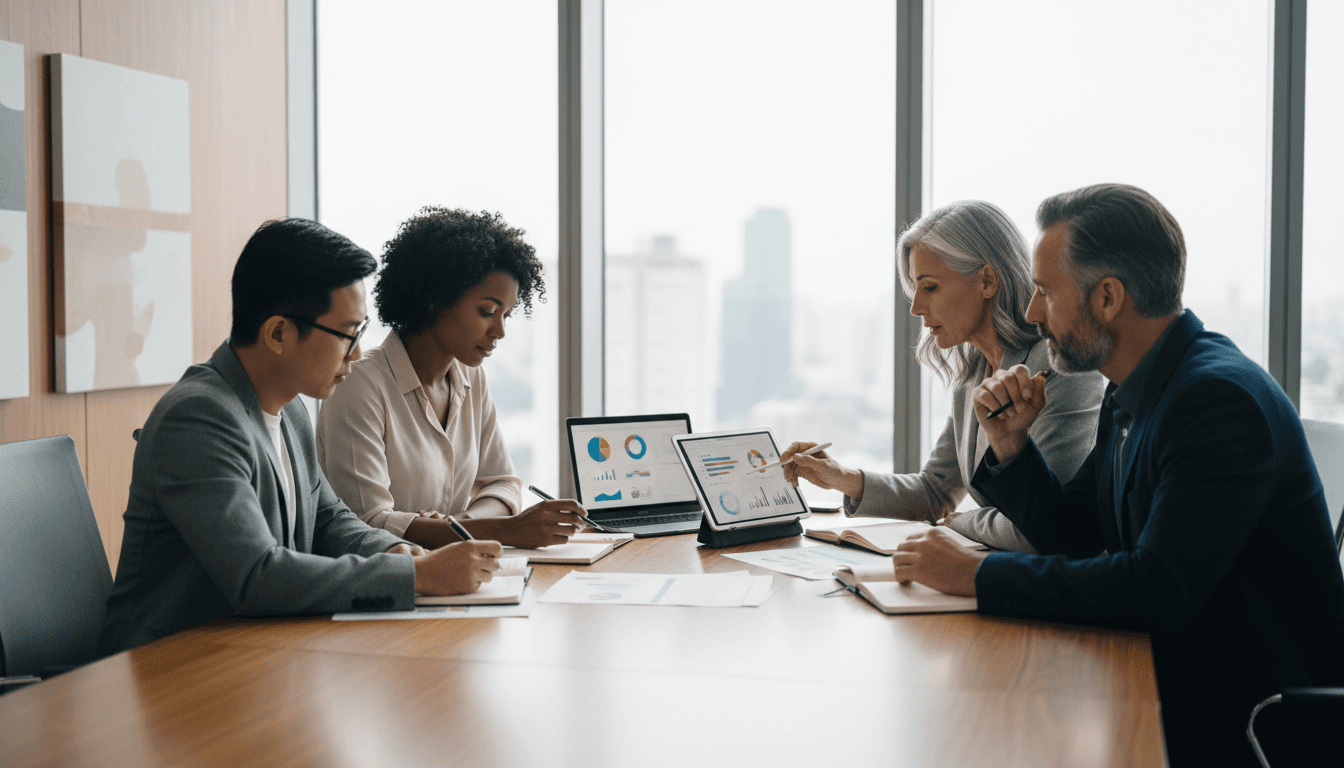 Diverse advisory board members collaboratively reviewing strategy around conference table with natural light from windows